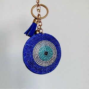 Y2K Blue Evil Eye Rhinestone Keychain Tassel Protective Charm Bedazzled Witchy